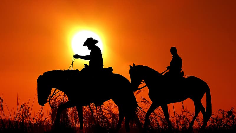 Silhouettes of two cowboys on horseback against the sun